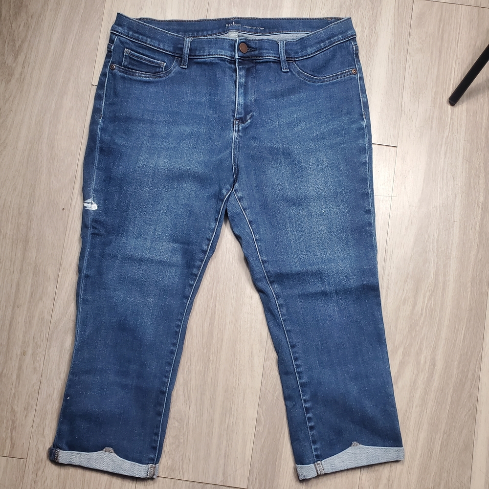 SOHO Women's Hanging Crop Cuffed Jeans Size 14 Blue Stretch Denim